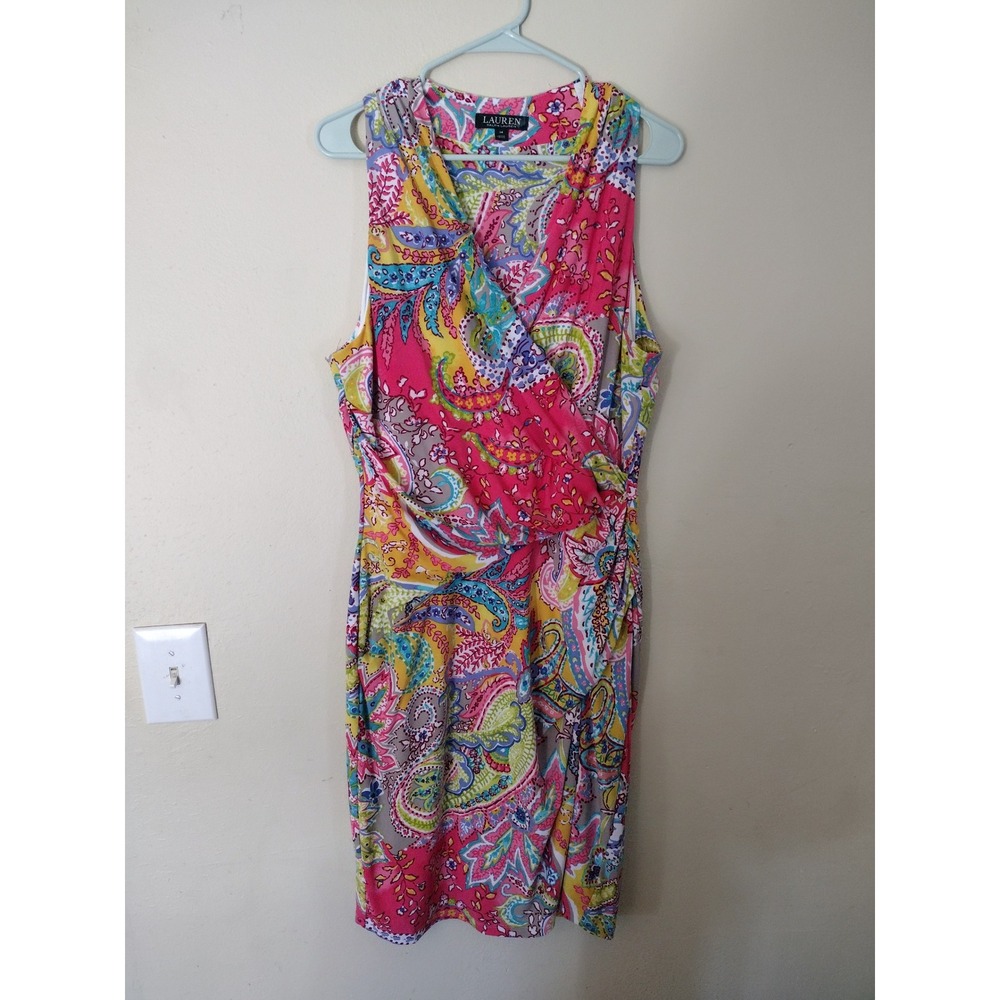 Lauren Ralph Lauren Pink Multi Paisley Ruched Faux Wrap Sheath Dress 14‎